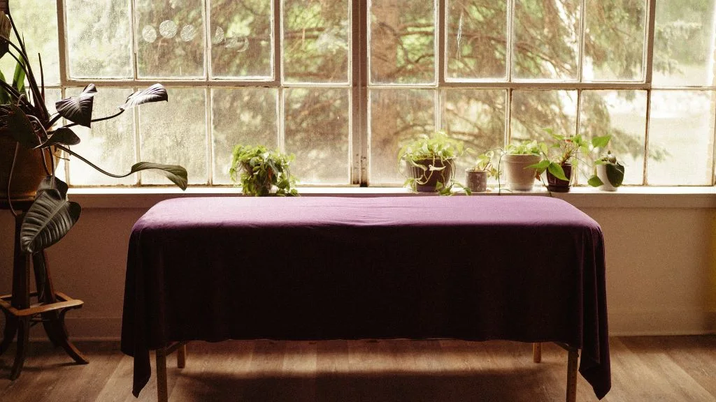 Quiet Reiki session room with treatment table, plants, and window light